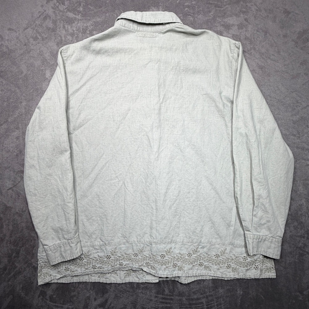 Vtg Cherokee Shirt Womens XL Sage Green Linen Cotton Blend Embroidered Button Up - Picture 2 of 7